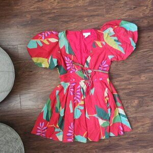 House of Harlow Dress 6 Red Floral Mini Puff Sleeve Colorful Tassels Deep V Neck